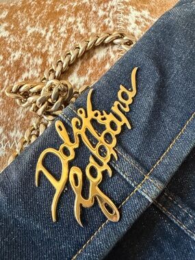 Dolce & Gabbana Vintage Y2K Denim Chain Clutch Gold Logo Rare D&G Shoulder Bag